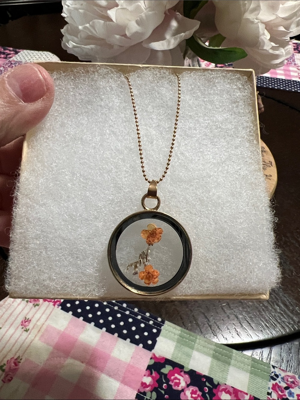 New Gold Floral Glass Locket Necklace - Orange Dried Flower Pendant